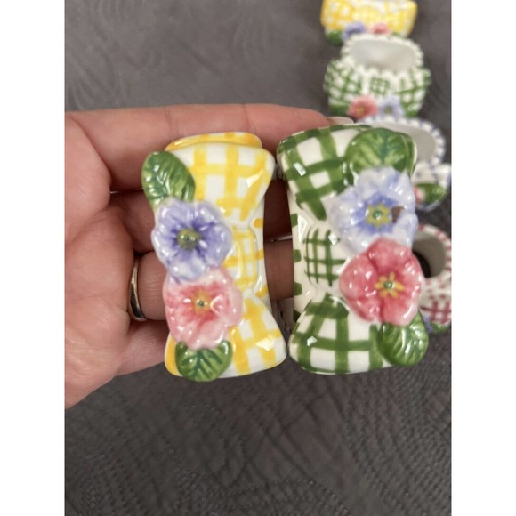Set Of 8 Ceramic Floral Napkin Rings Bow Plaid By Lady Jayne NWOT - Picture 2 of 6
